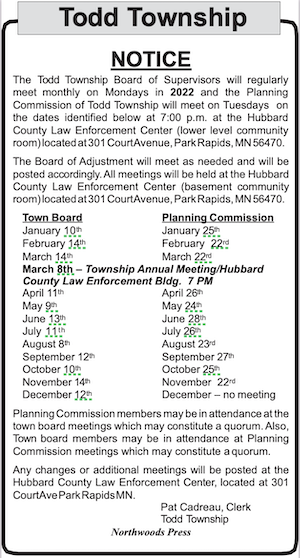Todd Township 2022 Meeting Schedule